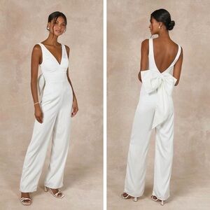 NWT Lulus Angelic Aesthetic Ivory Satin Bow Back Sleeveless V-Neck Jumpsuit, S